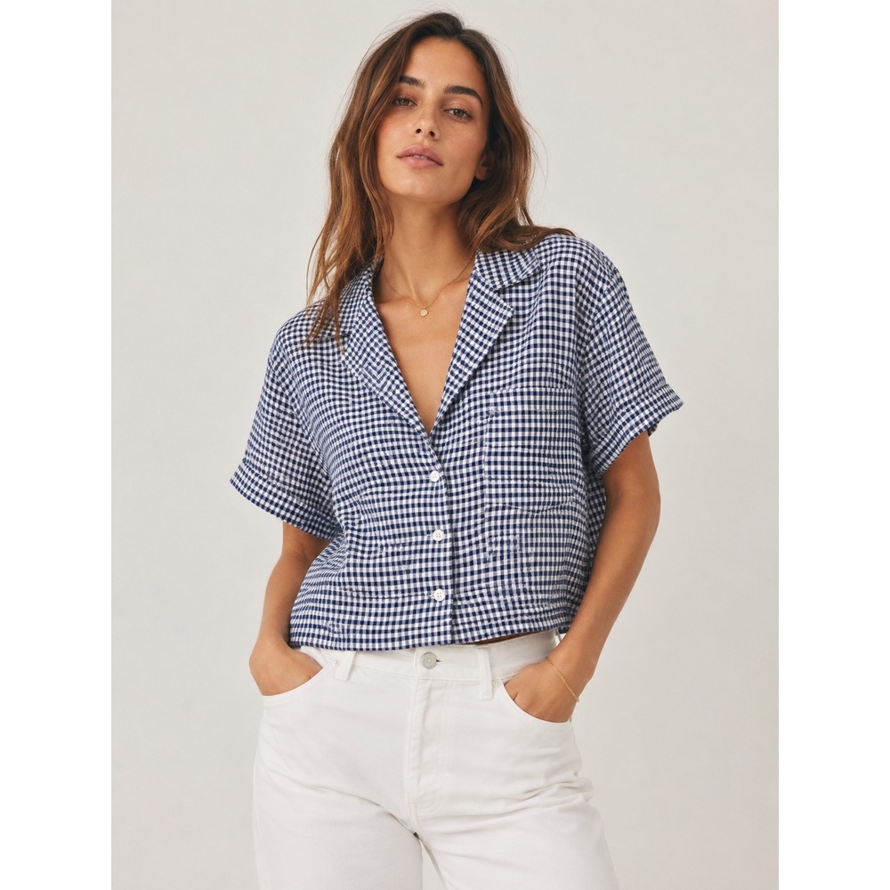 Reformation Linen Gingham Short Sleeve Button Down Shirt Navy White M